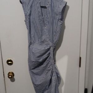 Veronica Beard Blue and White Striped Ruched Midi Dress